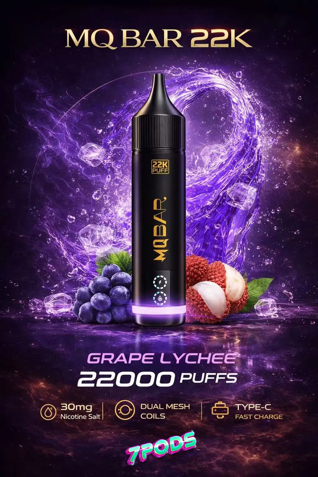 พอตใช้แล้วทิ้ง MQ Bar 22K กลิ่น Grape Lychee องุ่นลิ้นจี่