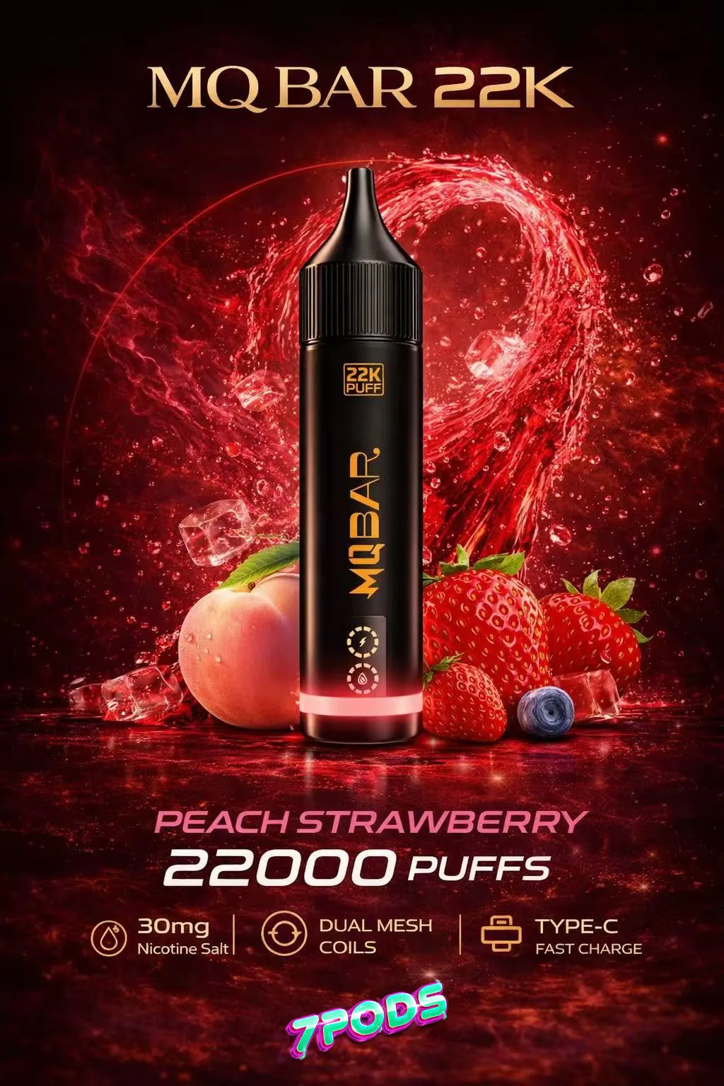 พอตใช้แล้วทิ้ง MQ Bar 22K กลิ่น Peach Strawberry พีชสตรอว์เบอร์รี่