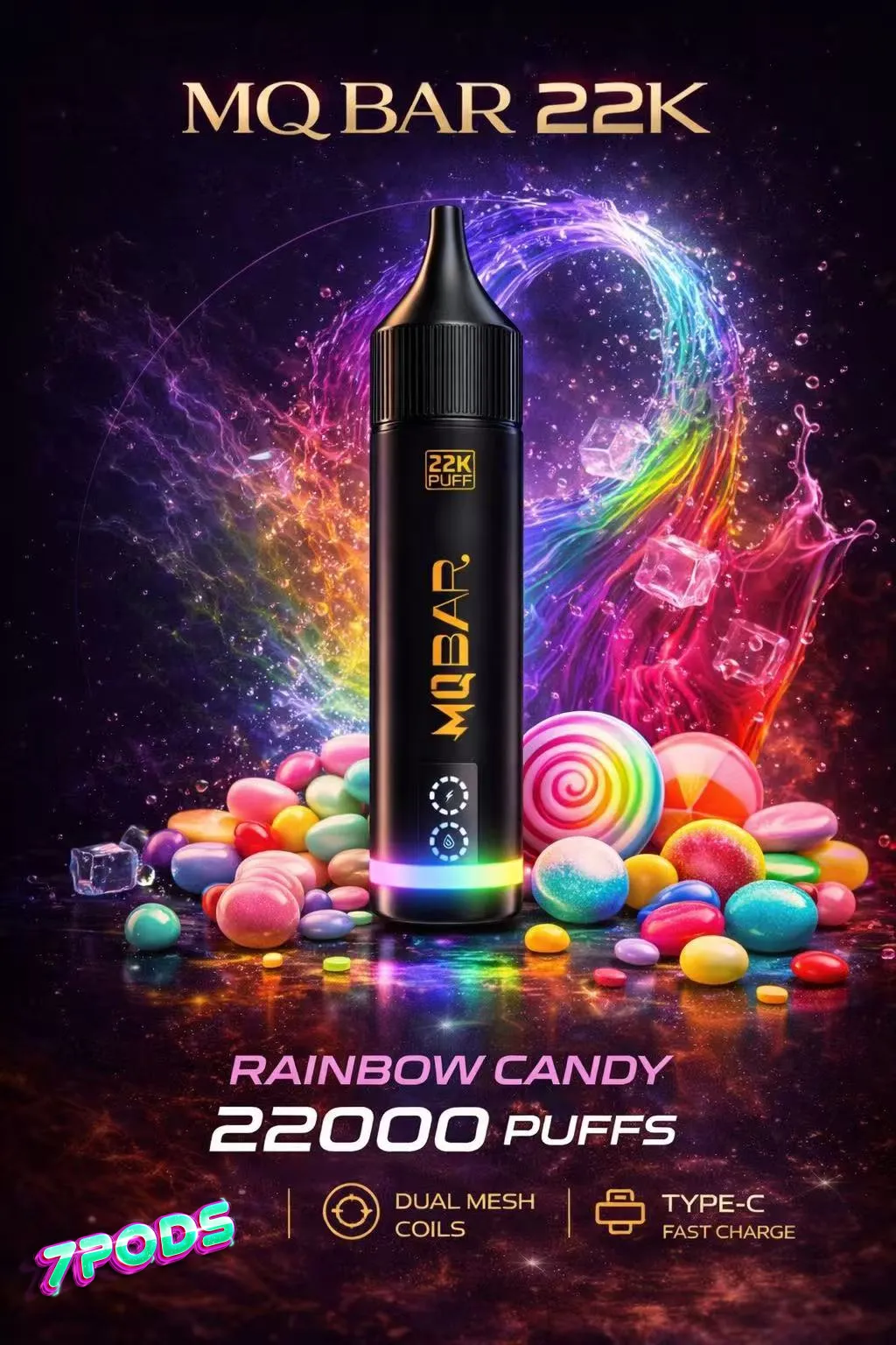พอตใช้แล้วทิ้ง MQ Bar 22K กลิ่น Rainbow Candy เรนโบว์แคนดี้ ลูกอมสายรุ้ง