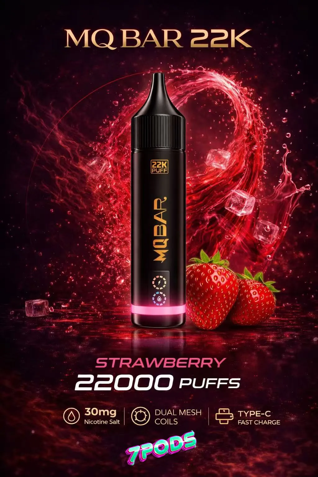 พอตใช้แล้วทิ้ง MQ Bar 22K กลิ่น Strawberry สตรอว์เบอร์รี่