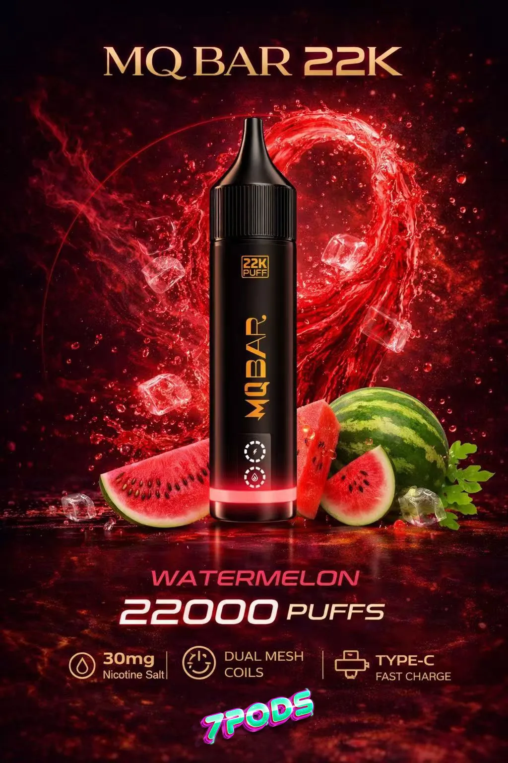 พอตใช้แล้วทิ้ง MQ Bar 22K กลิ่น Watermelon แตงโม